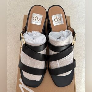 Dolce Vita Black Strappy Mule Sandals with Gold Buckles